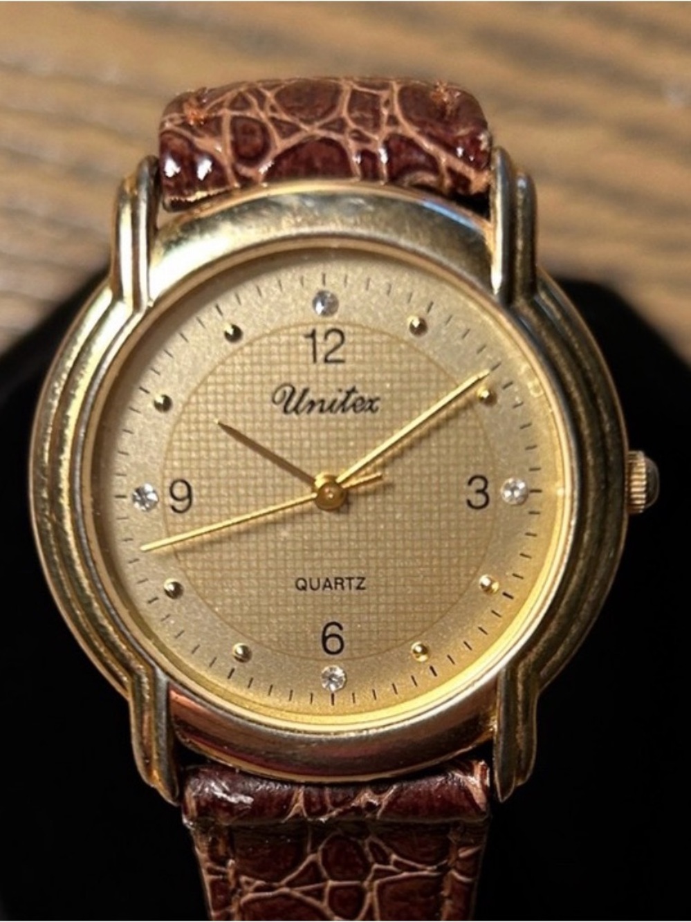 Unitex Gold Tone Quartz Watch WORKING Brown Croc Strap